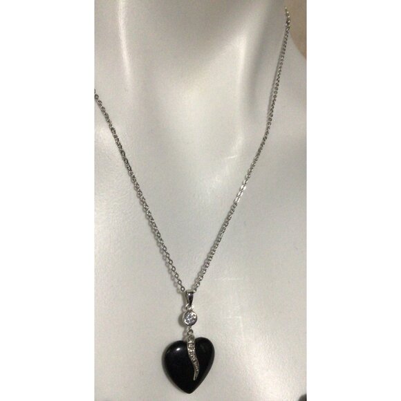 Black Heart Pendant Necklace & Earrings Set With Rhinestone Accents Silver Chain - Picture 3 of 6